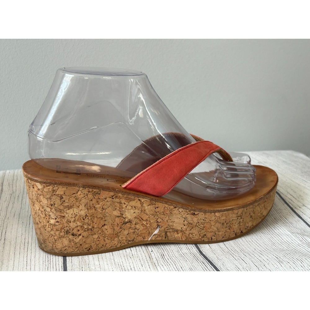 K Jacques St Tropez Diorite Sandals 8 Red Leather Cork Wedge Thong Slip On Boho - Picture 7 of 13